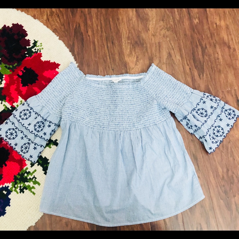 BeachLunchLounge Blue Ruffle Off the Shoulder Top - Picture 3 of 7